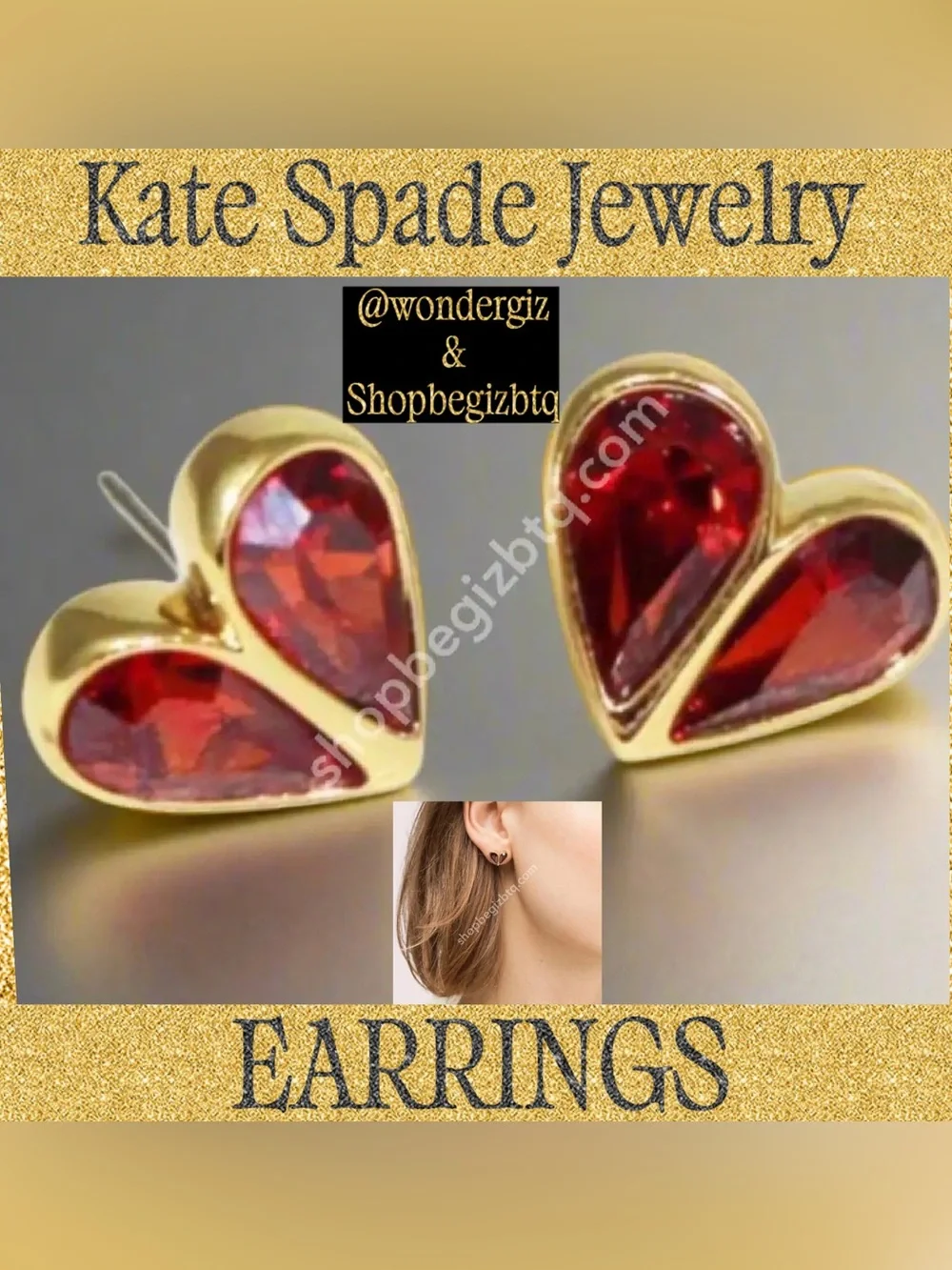 Kate Spade Authentic Red/Gold Rock Solid Crystal Small Heart Studs Earrings